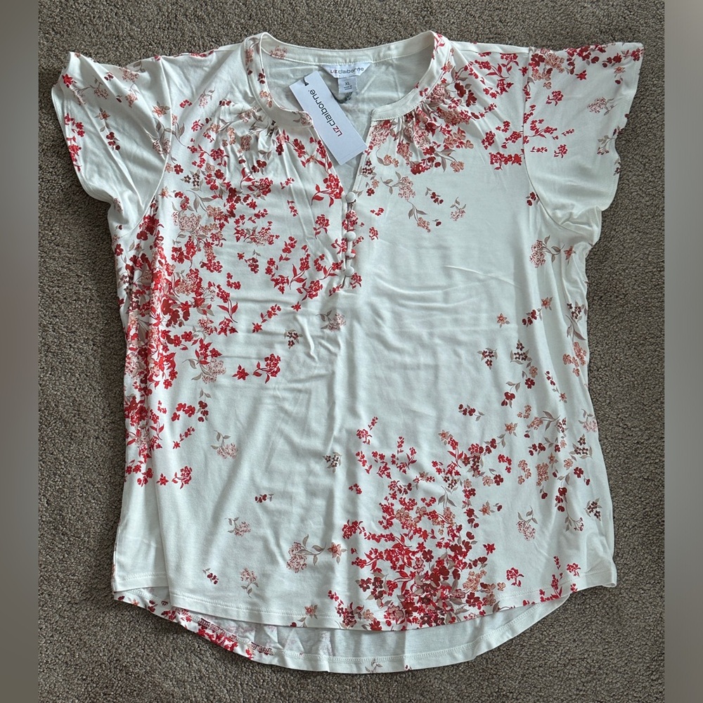 Liz Claiborne Split Crew Neck Short Sleeve T-Shirt Cream Floral NWT X-Large